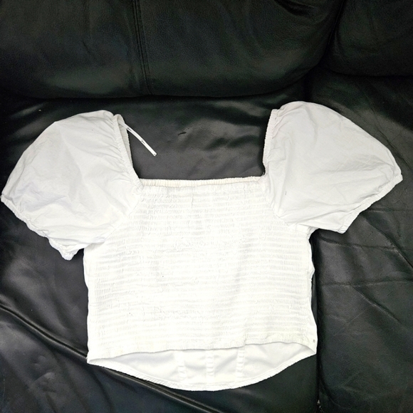 Japna Gaze Sz L White Crop Top with Puffed Sleeves Smoked Back 100% Cotton - Picture 7 of 9
